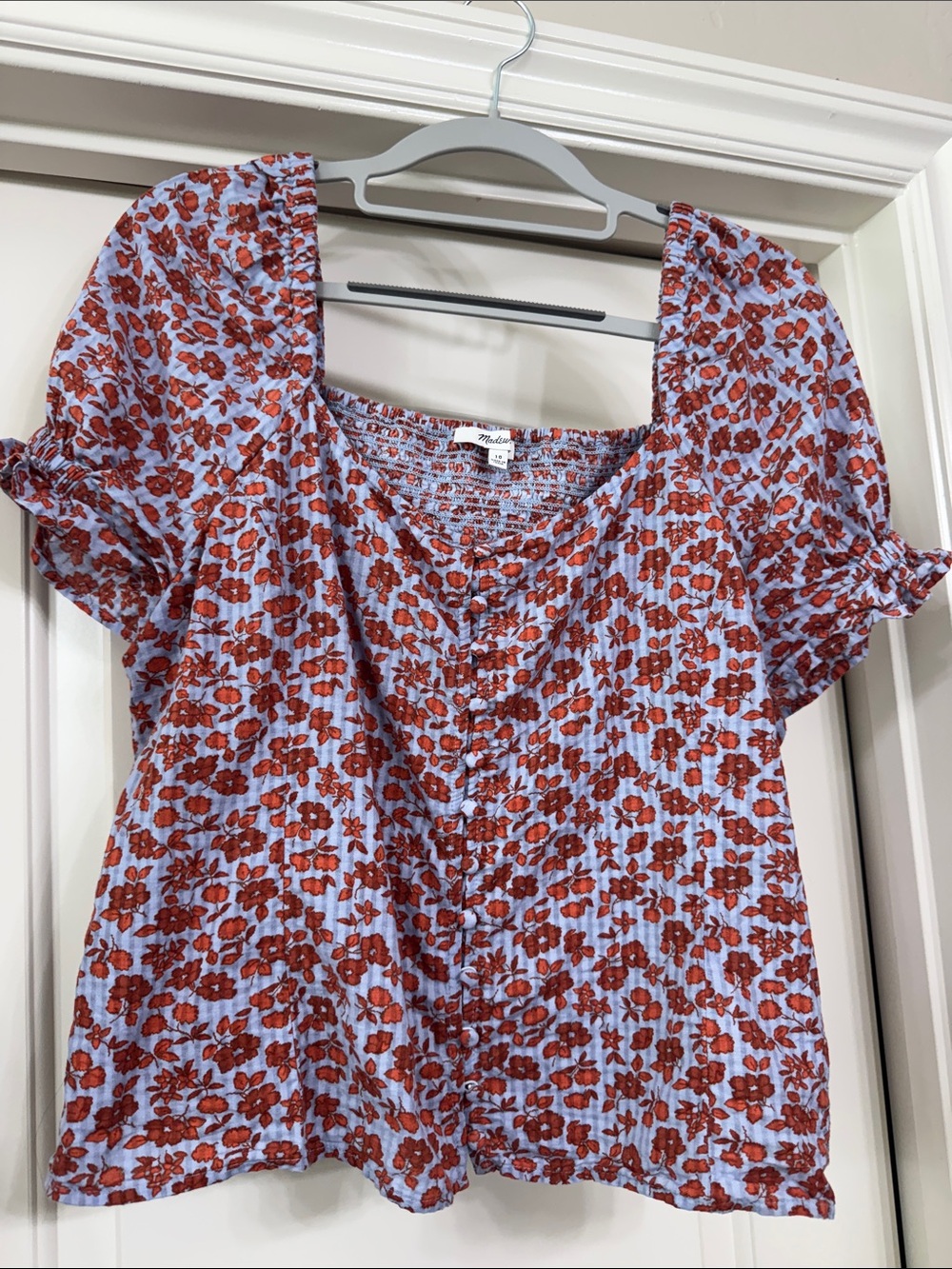 Madewell Light Blue Top with Red Floral Print and Puff Sleeves
